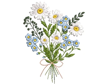 Daisy Forget-Me-Not Bouquet Machine Embroidery Design, Floral Digital Pattern (Instant Download, 8 sizes)