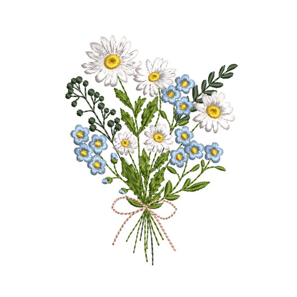 Daisy and Forget-me-not Flower Bouquet for Machine Embroidery Design, Botanical Wedding Branch Pattern Instant Download Zip - 5 sizes