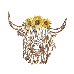 Sunflower Highland Cow Machine Embroidery Design, Thanksgiving Harvest Flower Farm Animal Instant Download ZIP- 6 sizes