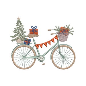 Christmas Present Bike Machine Embroidery Design, Winter Tree Bicycle Pattern Instant Download Zip - 5 sizes