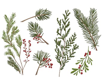 May include: A set of nine embroidered evergreen sprigs with red berries. The sprigs are arranged in a variety of shapes and sizes, and some have small red berries.