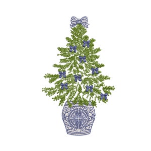 Chinoiserie Christmas Tree Machine Embroidery Design, Winter Blue and White Holiday Bow Instant Download ZIP- 6 Sizes