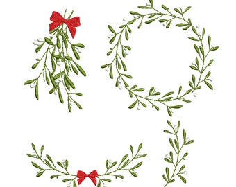 Op de afbeelding: Drie borduurmotieven met takken van mistletoe met witte bessen en groene bladeren. Een motief heeft een rode strik. De motieven zijn perfect voor het maken van feestelijke knutselwerkjes.