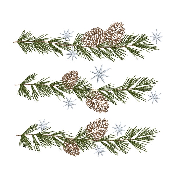 3 Weihnachten Pine Tree Ast Grenze Maschinenstickerei Designs, Winter Tannenzapfen Baum Muster Instant Download Zip - 5 Größen