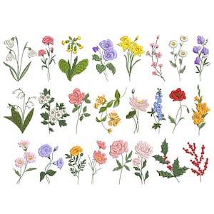 Geburt Blumen Bundle Maschinenstickerei, 24 Blumen Floral Botanische Wildblumen Wiese Garten Muster Instant Download Zip - 6 Größen