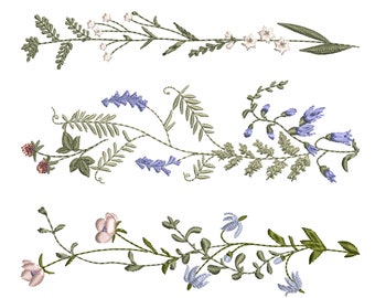 May include: Three embroidered floral designs with green leaves and various colored flowers. The top design features white flowers, the middle design features purple flowers, and the bottom design features pink flowers.