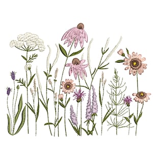 May include: Embroidered design of a field of wildflowers in shades of pink, white, and green. The flowers include coneflowers, Queen Anne's lace, and other delicate blooms.