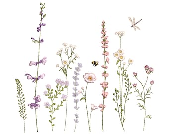 Wildflower Meadow Machine Embroidery Design, Botanical Flower Pattern Instant Download Zip + 12 elements,  7 sizes