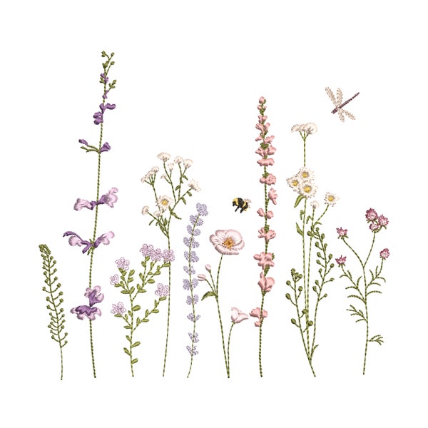 Wildflower Meadow Machine Embroidery Design, Botanical Flower Pattern Instant Download Zip + 12 elements  5 sizes