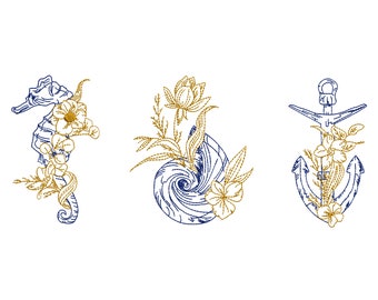 Marine Seahorse Shell and Anchor for Machine Embroidery Design, Nautical Botanical Wedding Pattern Instant Download Zip - 6 sizes
