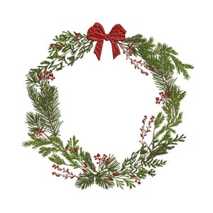 Könnte beinhalten: Ein grüner Weihnachtskranz mit roten Beeren und einer roten Schleife.
