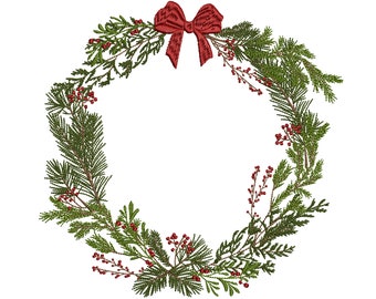 May include: A green Christmas wreath with red berries and a red bow.