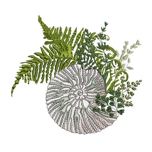 May include: A green and white embroidered design featuring a seashell with fern and leafy branches.