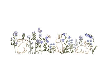 Easter Meadow Border Machine Embroidery Design, Flower Bunny Floral Instant Download Zip - 5 Sizes