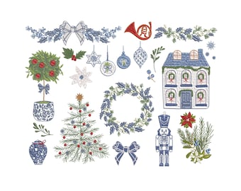 22 Blue Christmas Tree Elements for Machine Embroidery, Chinoiserie Winter Holiday Bundle Design Pattern Instant Download Zip -5 sizes