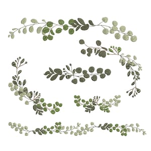 Könnte beinhalten: Fünf verschiedene Anordnungen von grünen Eukalyptus-Zweigen mit Blättern und kleinen runden Beeren. Die Zweige sind in einer geschwungenen Form angeordnet, wobei sich einige Zweige überlappen.