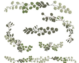 May include: Five different arrangements of green eucalyptus branches with leaves and small round berries. The branches are arranged in a curved shape, with some branches overlapping.