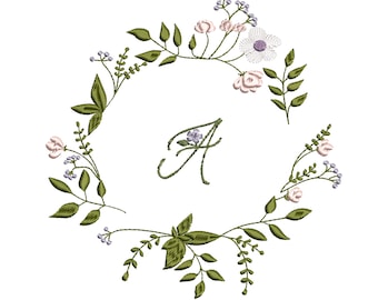 Delicate Wildflower Monogram Wreath Machine Embroidery Design (Instant Download zip file, 6 sizes)