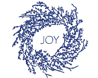 May include: A blue embroidered wreath design with the word "JOY" in the center. The wreath is composed of intricate, branch-like patterns, creating a textured appearance against a white background. The design is suitable for embroidery projects, home decor, or holiday crafts.