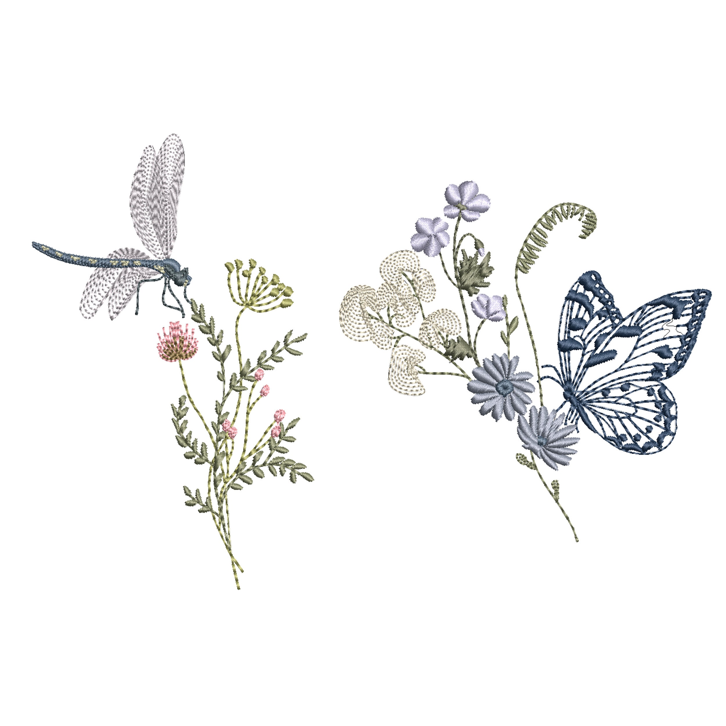 Butterfly & Dragonfly Wildflower Bouquet Machine Embroidery Design Set ...