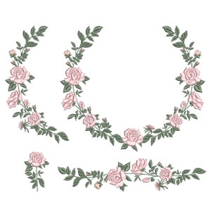 機械刺繍デザイン、植物ウェディング用のバラの花のボーダー、コーナー、モノグラムリース、ZIP ファイルをダウンロード - 5 サイズ