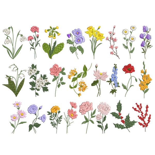 Diseño de bordado de máquina de paquete de flores de nacimiento, 24 florales mini pequeñas flores silvestres botánicas instantáneas patrón de descarga archivo zip- 6 tamaños