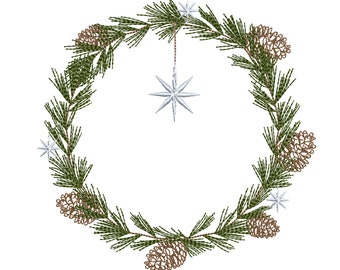 May include: A green pine wreath with brown pine cones and white star ornaments. The wreath is perfect for a holiday decoration.