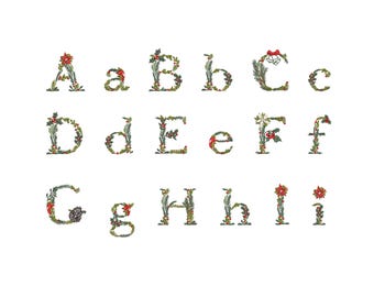 Christmas Flower Monogram Alphabet Font Machine Embroidery Design, UPPERCASE + LOWERCASE (Zip file, 5 sizes)