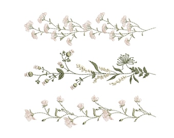 3 Elegant Wildflower Borders Machine Embroidery Design, Instant Download Zip - 6 sizes