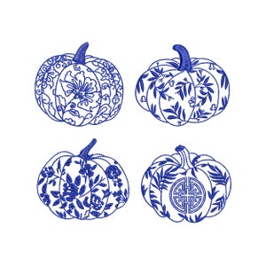 4 Thanksgiving Chinoiserie Pumpkin Machine Embroidery Design Set, Chic Bow Pumpkins Autumn Pattern Instant Download Zip - 6 sizes