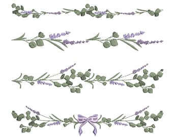 May include: Four different floral borders with eucalyptus leaves and lavender flowers. The bottom border features a purple bow in the center.