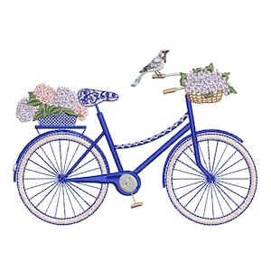 Chinoiserie Hydrangea Bike Machine Embroidery Design, Blue and White Flower Bicycle Pattern Instant Download Zip - 6 sizes