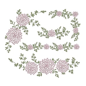 Puede incluir: Un conjunto de cuatro diseños de bordado que presentan flores rosas con hojas verdes. Los diseños están dispuestos en una esquina, un borde y dos arreglos florales separados.