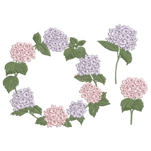 Hydrangea Wreath and Branches Machine Embroidery Design Set, Garden Flower Pattern Instant Download Zip - 5 sizes
