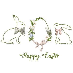 Flower Easter Egg and 2 Bunnies Machine Embroidery Design, Blue and White Spring Bunny Eggs Pattern Instant Download Zip - 5 sizes