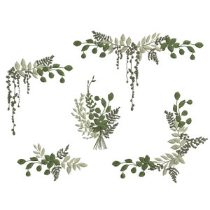 Eukalyptusfarn Bordüre, Ecke und Ast für Maschinenstickerei, Botanisches Hochzeitsmonogramm Download Zip - 5 Größen