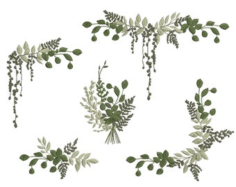 Eucalyptus Fern Border, Corner and Branch for Machine Embroidery Design, Botanical Wedding Monogram Download Zip - 5 sizes