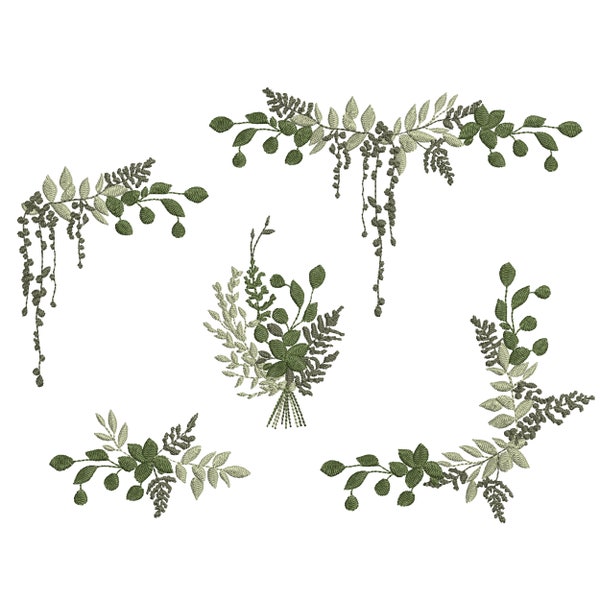 Eucalyptus Fern Border, Corner and Branch for Machine Embroidery Design, Botanical Wedding Monogram Download Zip - 5 sizes