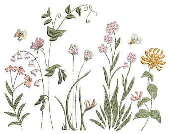 May include: An embroidered design of a variety of flowers and plants, including pink, white, and yellow flowers, green leaves, and a snail. The design is perfect for a nature-themed project.