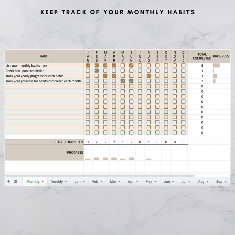 Habit Tracker Spreadsheet Google Sheets Template Monthly Etsy