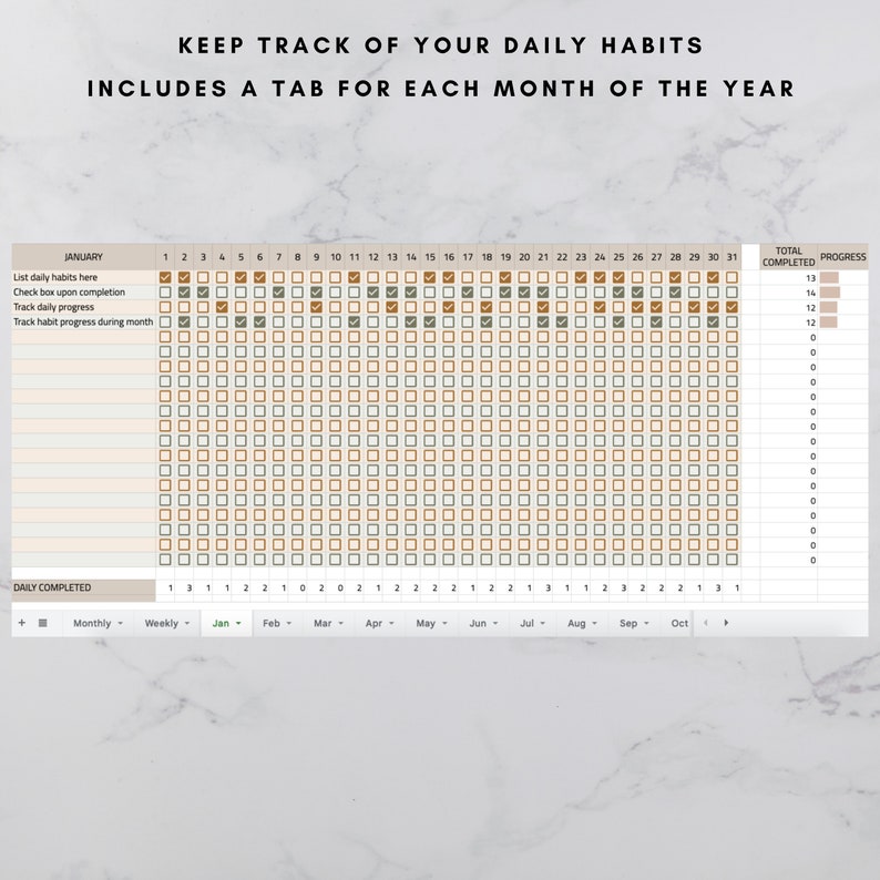 Habit Tracker Spreadsheet Google Sheets Template Monthly Etsy