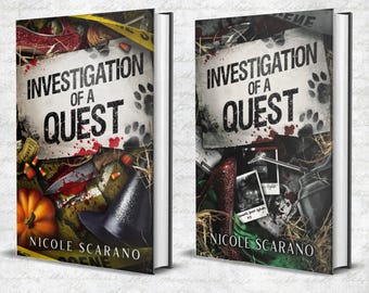 May include: Two book covers titled Investigation of a Quest by Nicole Scarano. The covers feature a collage of items including a red high heel, a black witch hat, a pumpkin, paw prints, blood splatters, and photographs on a straw background.