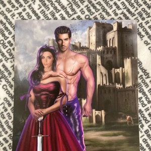 May include: A woman in a red dress holds a sword, standing next to a shirtless man. They are both looking at the viewer. The background is a gray stone castle.