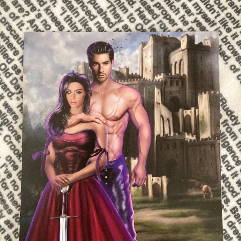 May include: A woman in a red dress holds a sword, standing next to a shirtless man. They are both looking at the viewer. The background is a gray stone castle.