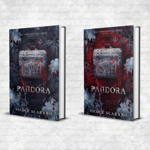 May include: Two identical books titled Pandora by Nicole Scarano, Book III of The Pomegranate Series. The covers feature a central ornate chest, white flowers, and red splatters. One cover has a dark blue background, the other a deep red.
