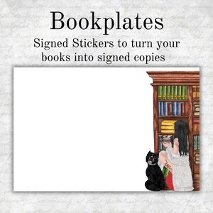May include: A white card with the text "Bookplates Signed Stickers to turn your books into signed copies" and an illustration of a woman with a dog standing in front of a bookshelf.
