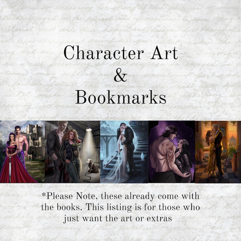 Pu&ograve; includere: Un'immagine con il testo "Character Art & Bookmarks" e illustrazioni di coppie. La parte inferiore dell'immagine include il testo "Please Note, these already come with the books. This listing is for those who just want the art or extras."