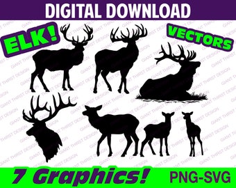 May include: Seven black silhouette illustrations of elk, including a standing elk, a lying elk, an elk head, and four smaller elk. The illustrations are set against a white background with the text "Elk! Vectors" and "7 Graphics! PNG-SVG" in green.