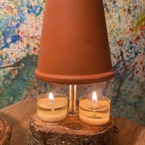 hearty tealight stove &quot;Bibi&quot; - table fireplace for 2-3 tealights with nat. Birch Wood Base - TeaLight Fireplace Table Stove Terracotta Stove Terracotta Fireplace