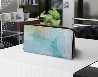 Blue Gold Watercolor Marble Drip Art Zipper Wallet